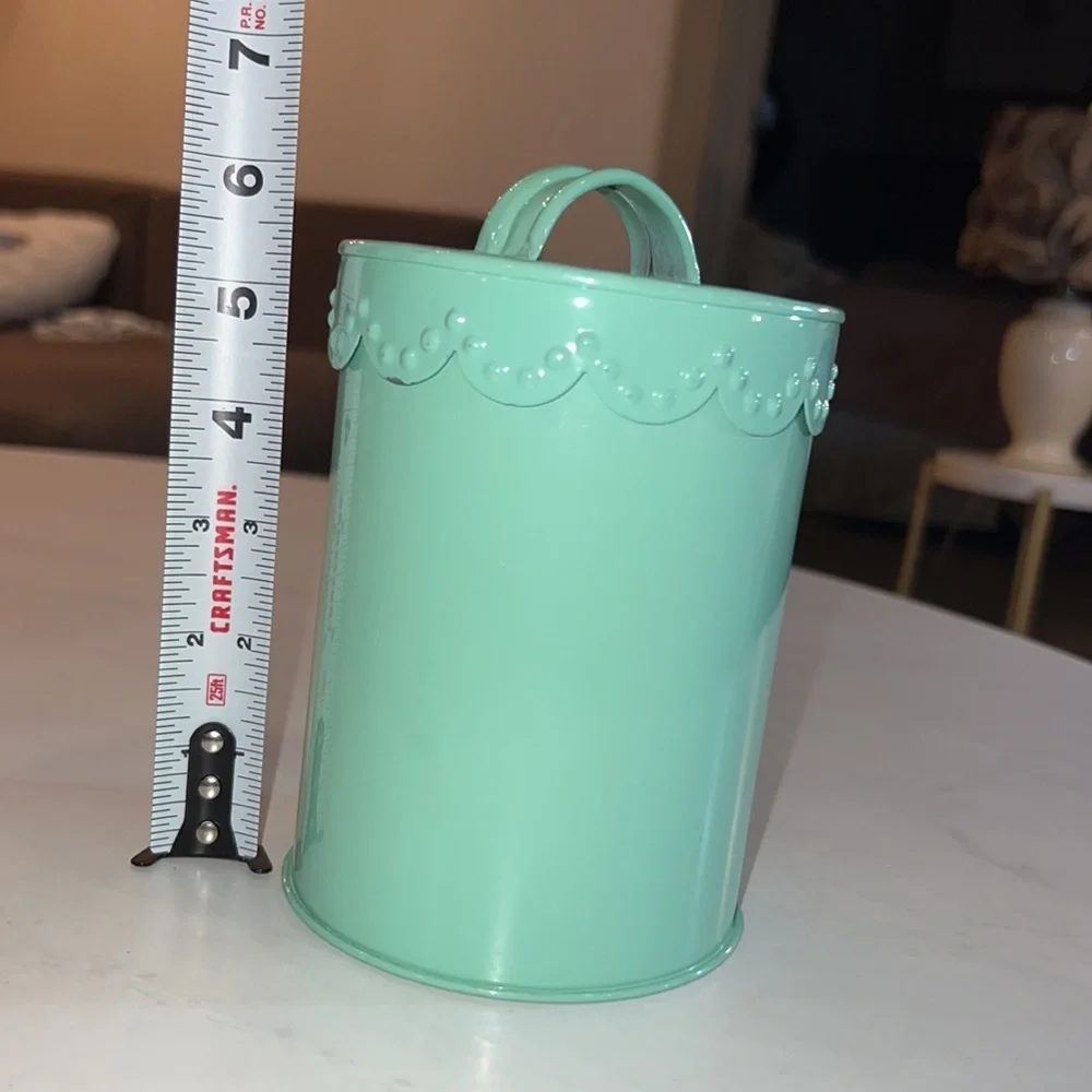 Mint green pastel green dainty metal canister with lid & lid holder 5.25” tall​​ - Picture 2 of 7
